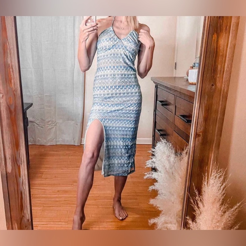 Blue and White Patterned Dress with Slit